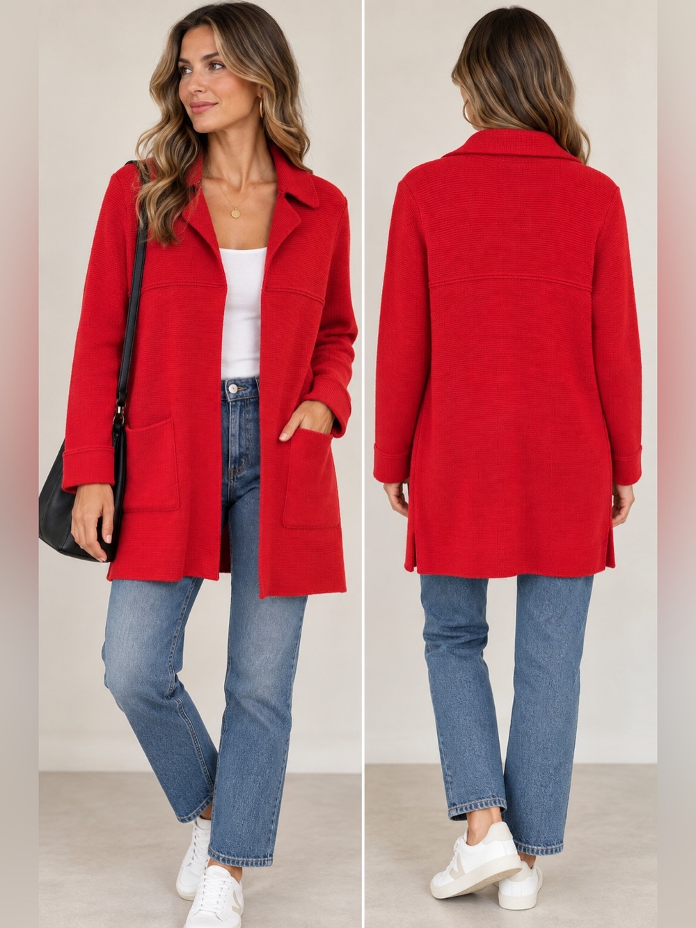 Saint James Made in France Red Wool Blend Knit Cardigan Coat